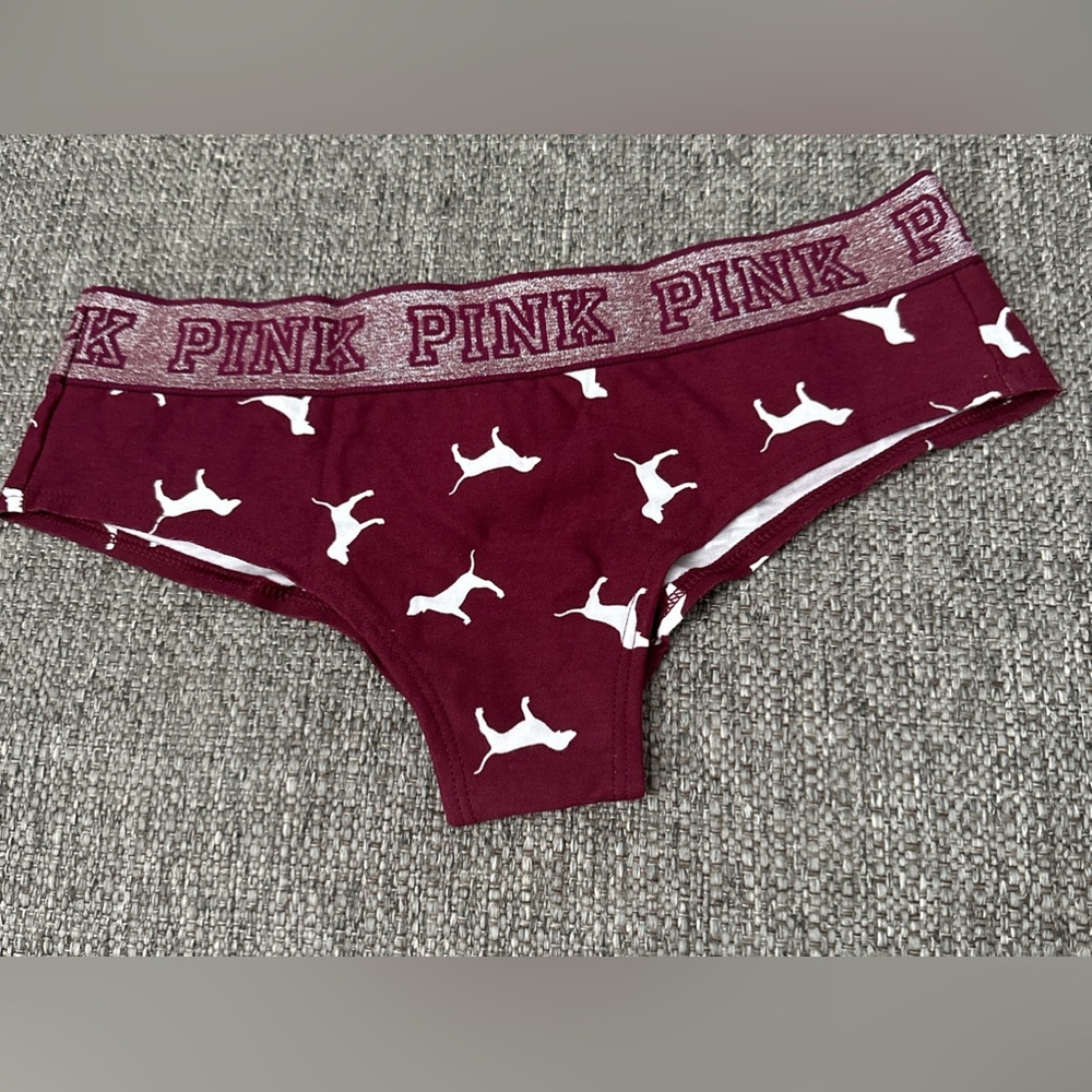 Victoria’s Secret PINK Logo Bikini cheekster in Burgundy with White Dog Print